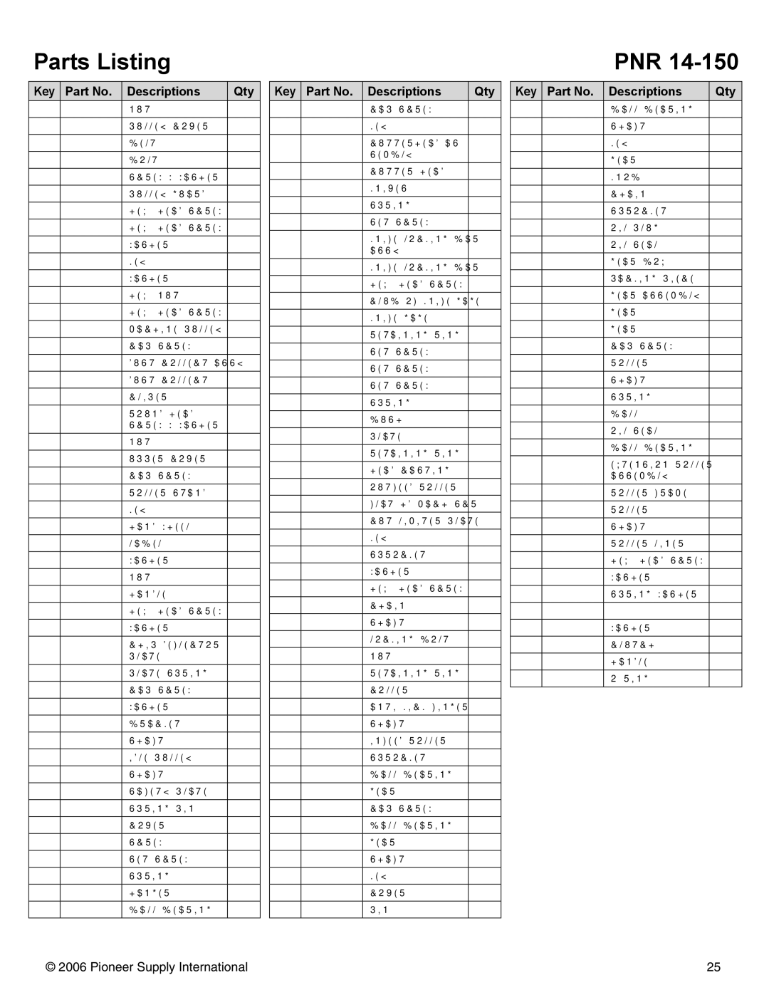 Pioneer PNR 14-150 operation manual Parts Listing 