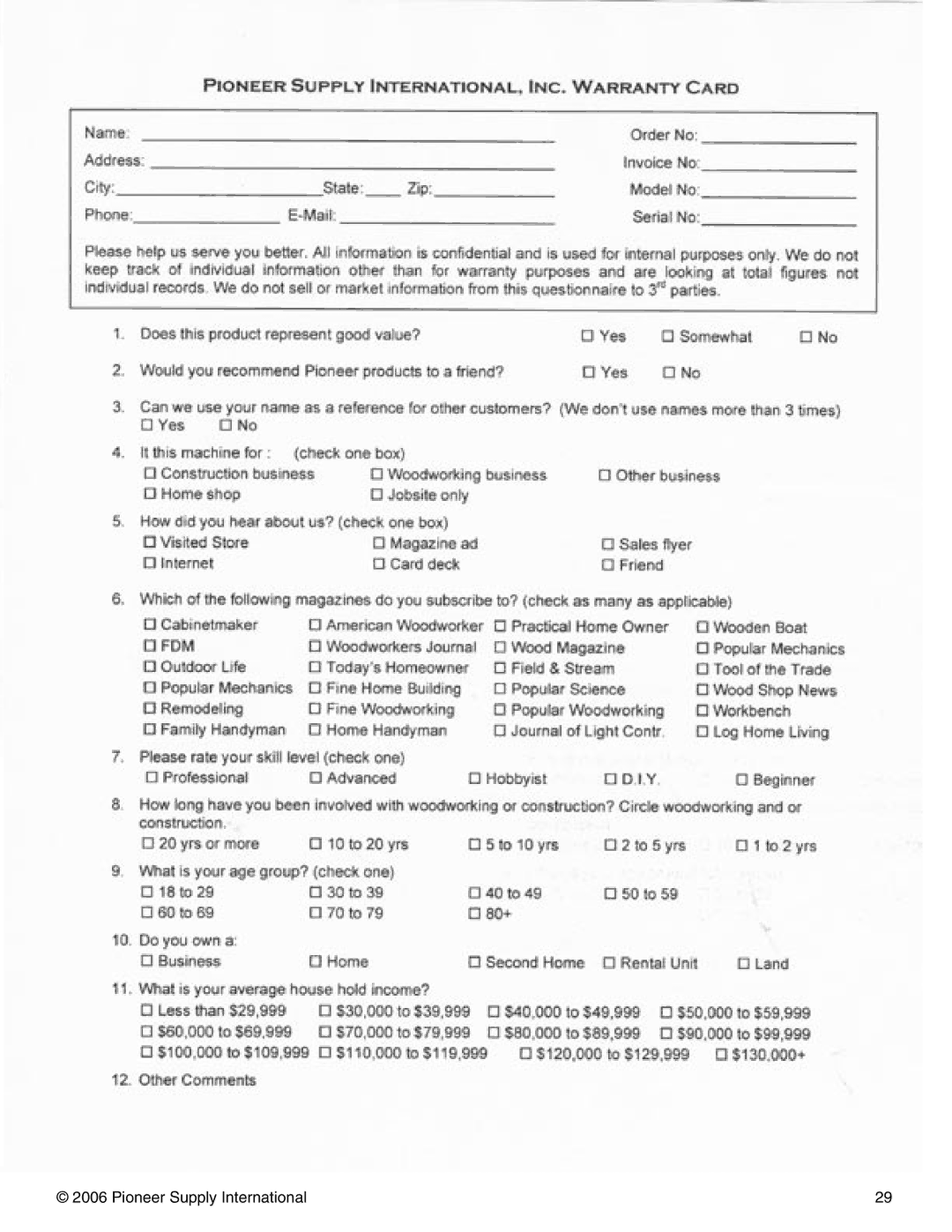 Pioneer PNR 14-150 operation manual Pioneer Supply International 