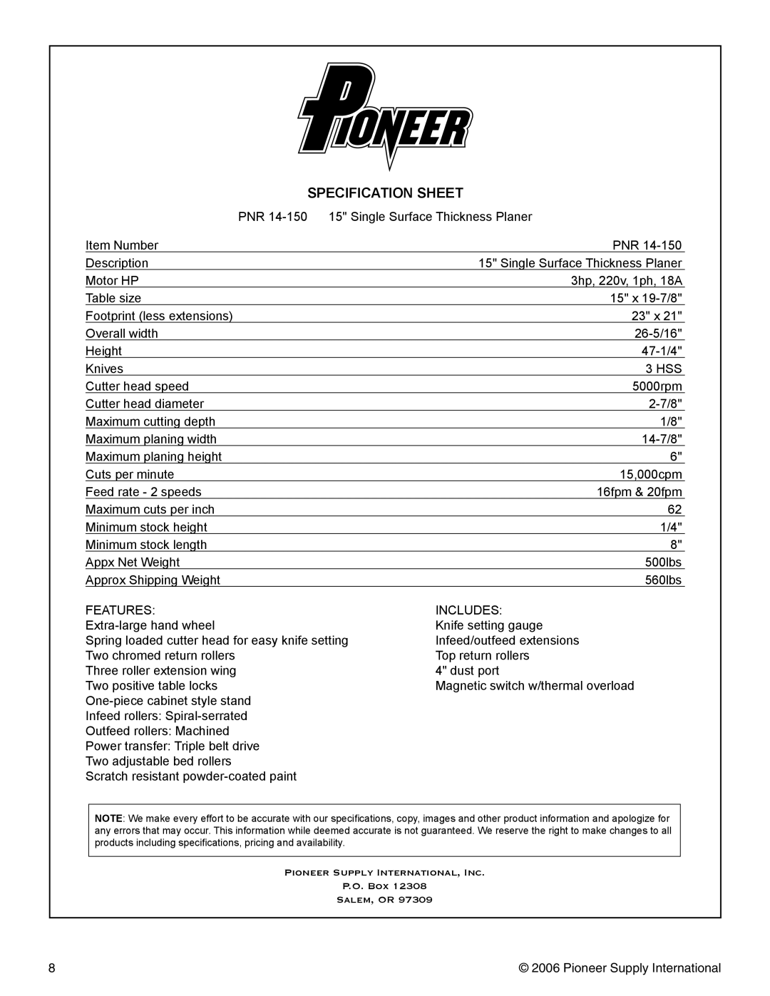 Pioneer PNR 14-150 operation manual Specification Sheet 