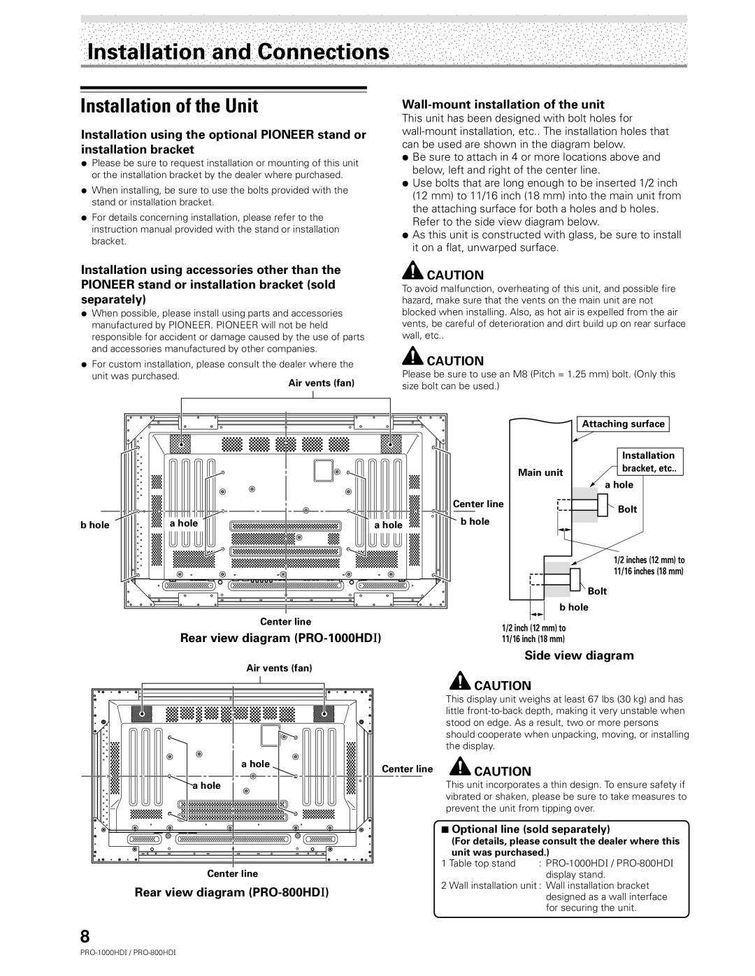 Pioneer PRO-1000HDI manual Installation and Connections, Installation of the Unit 