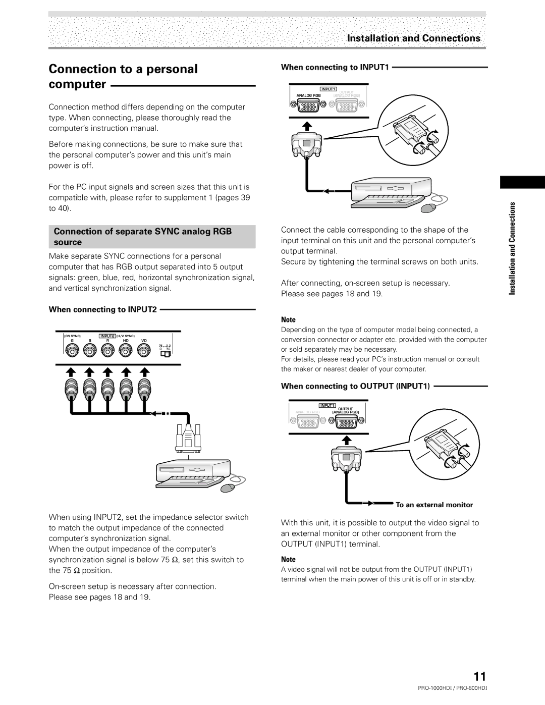 Pioneer PRO-1000HDI manual Connection to a personal computer, Connection of separate Sync analog RGB Source 