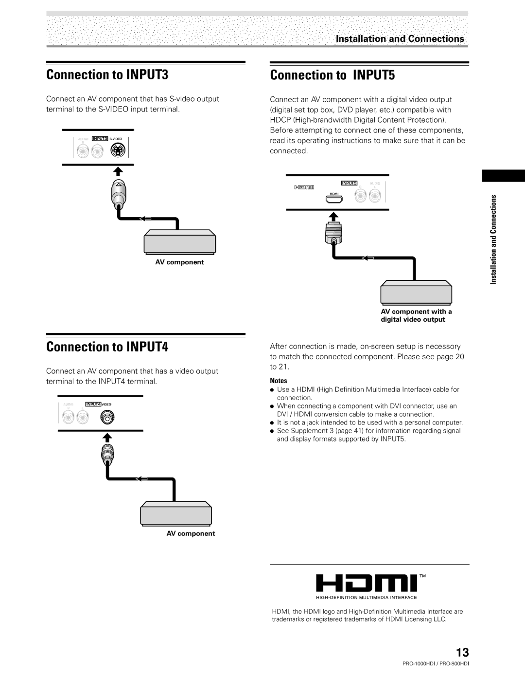 Pioneer PRO-1000HDI manual Connection to INPUT3, Connection to INPUT4, Connection to INPUT5, AV component 