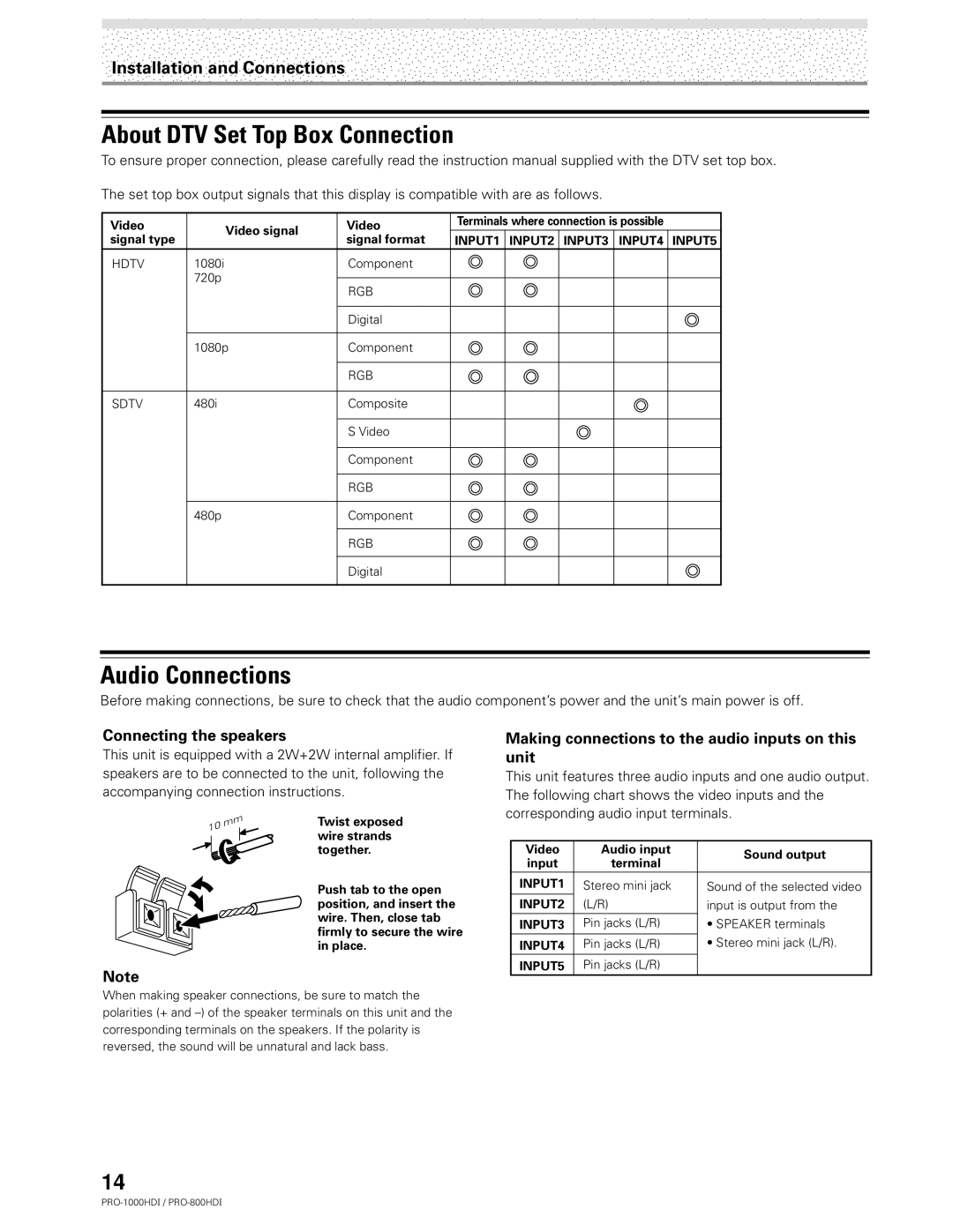 Pioneer PRO-1000HDI manual About DTV Set Top Box Connection, Audio Connections, Connecting the speakers 