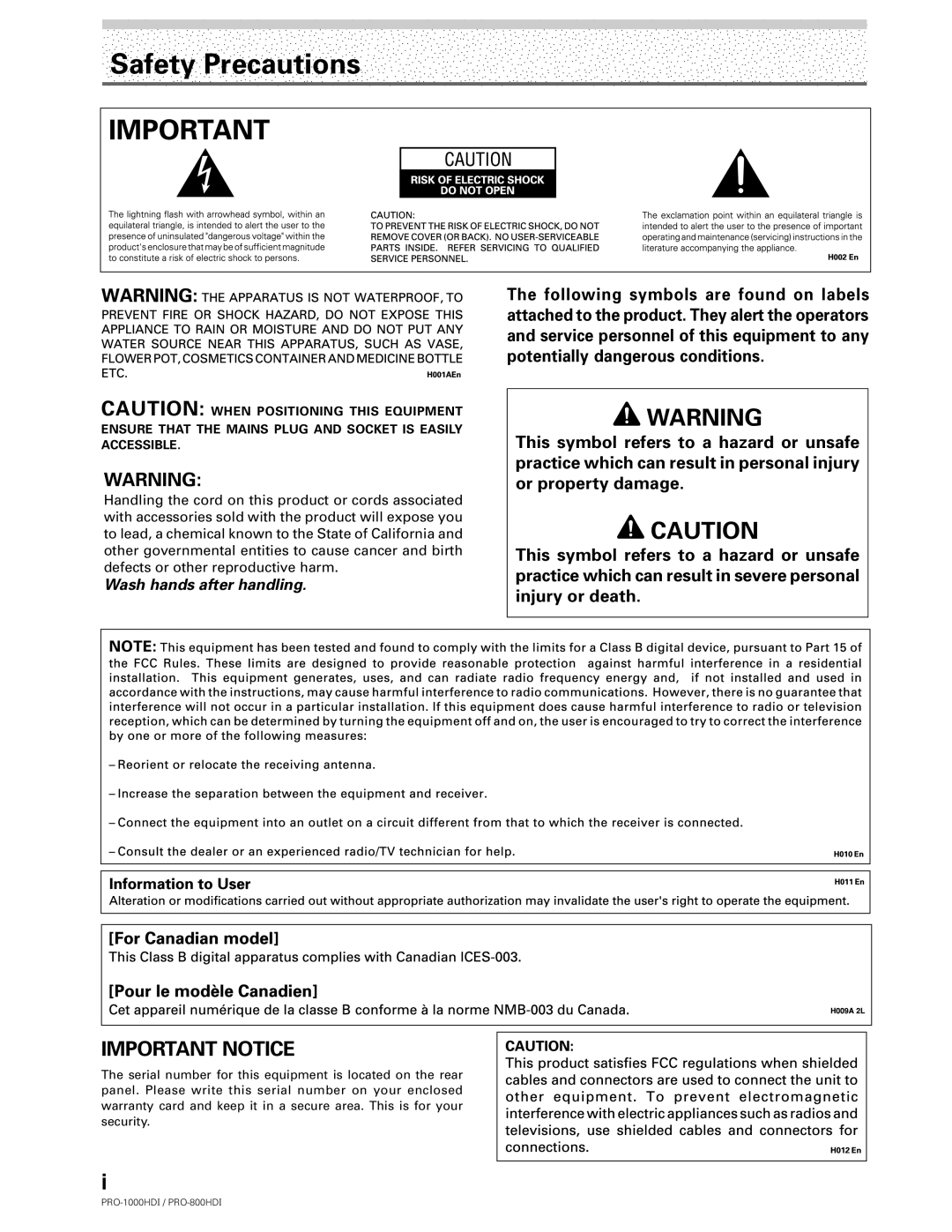 Pioneer PRO-1000HDI manual Safety Precautions, Wash hands after handling 