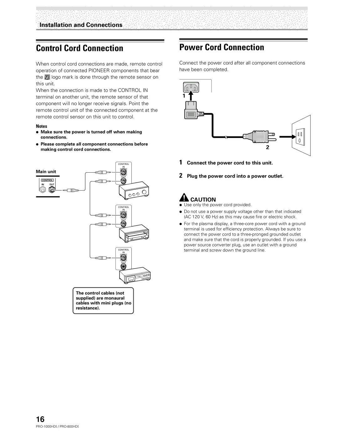 Pioneer PRO-1000HDI manual Control Cord Connection, Power Cord Connection 