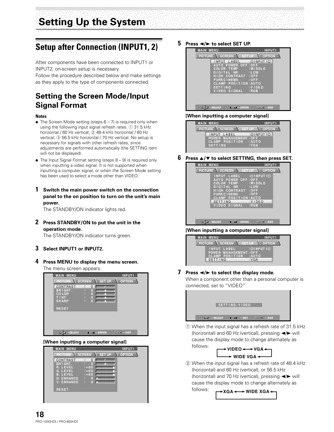 Pioneer PRO-1000HDI Setting Up the System, Setting the Screen Mode/Input Signal Format, Setup after Connection INPUT1 