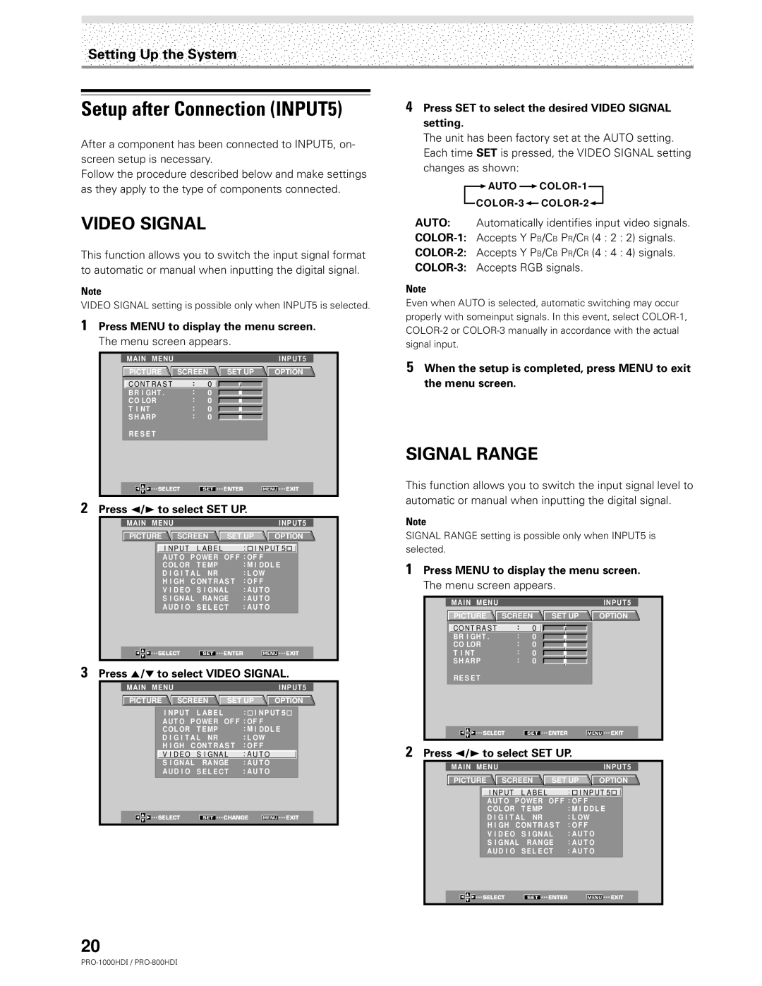 Pioneer PRO-1000HDI manual Setup after Connection INPUT5, Press 5/∞ to select Video Signal 