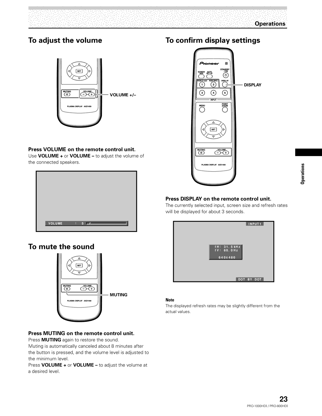 Pioneer PRO-1000HDI manual To adjust the volume, To mute the sound, To confirm display settings 