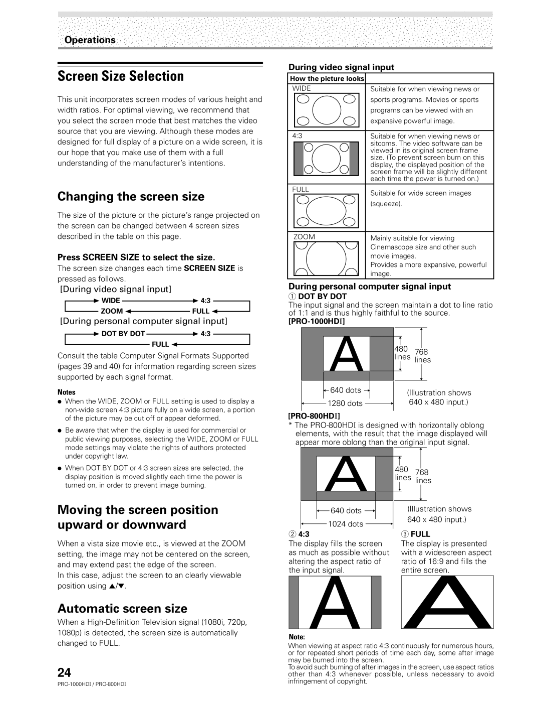 Pioneer PRO-1000HDI manual Screen Size Selection, Changing the screen size, Automatic screen size 