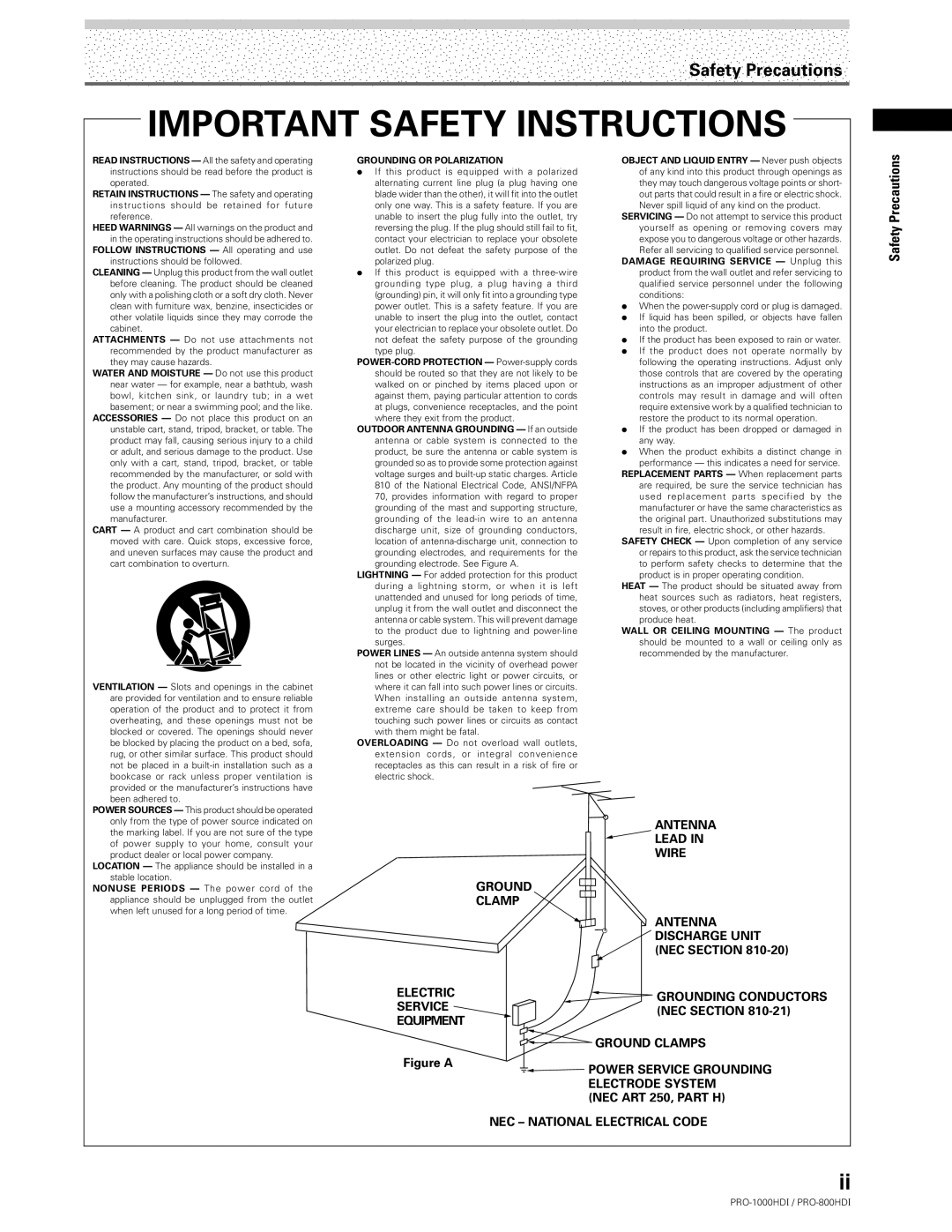 Pioneer PRO-1000HDI manual Safety Precautions, NEC Section 