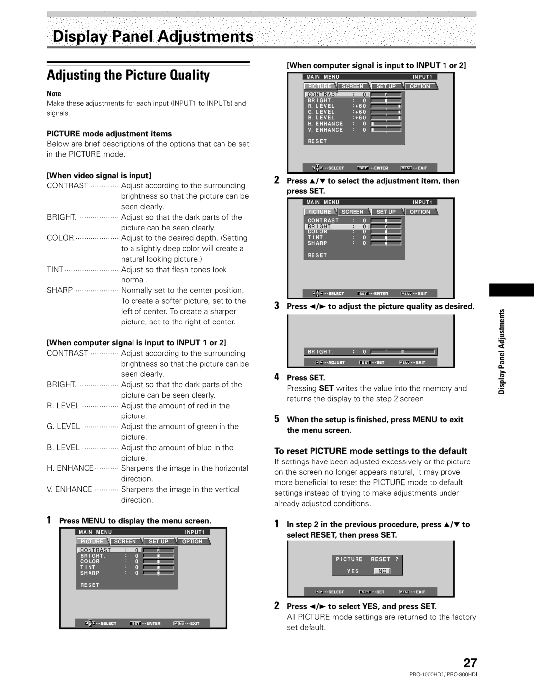 Pioneer PRO-1000HDI manual Display Panel Adjustments, Adjusting the Picture Quality 