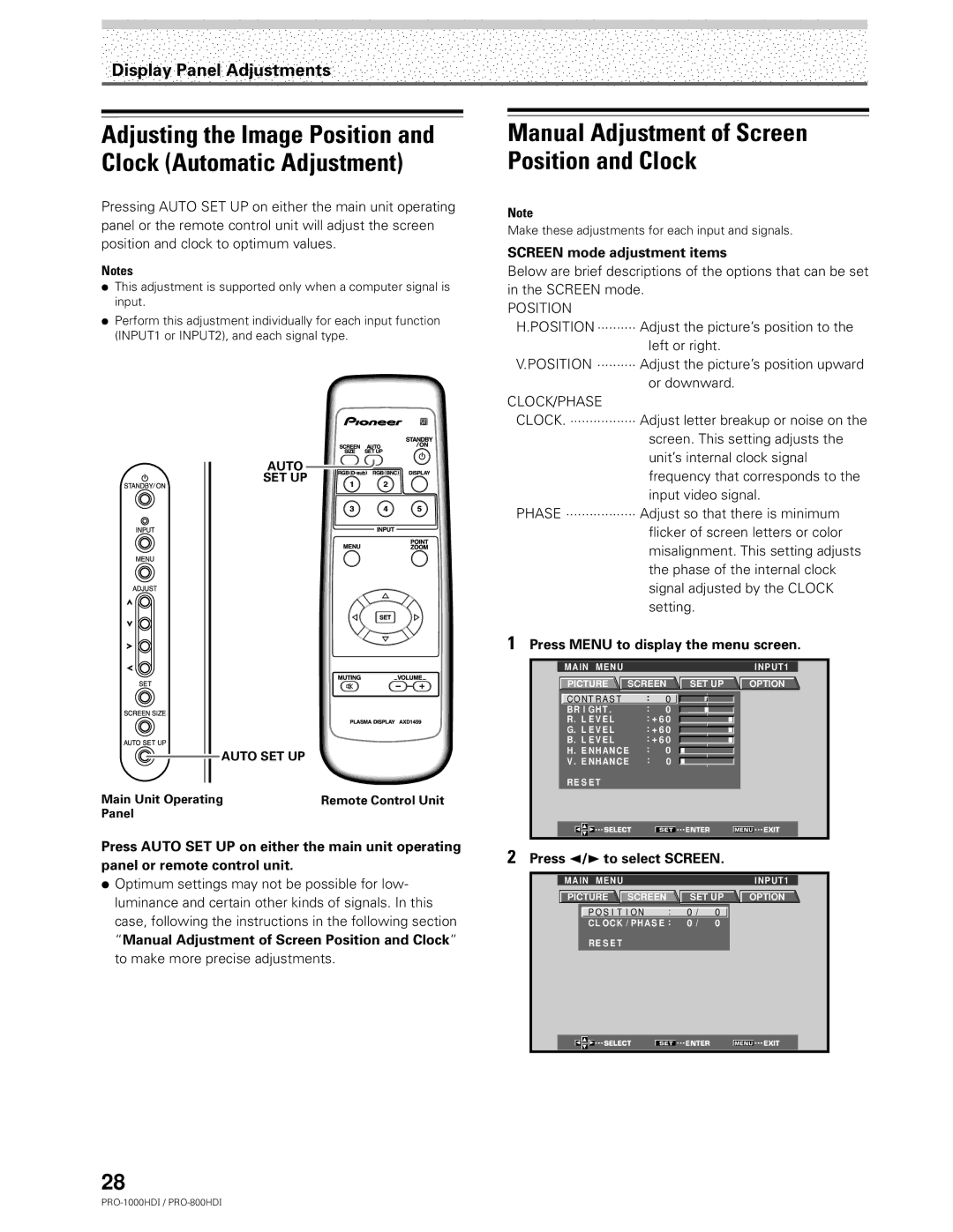 Pioneer PRO-1000HDI manual Adjusting the Image Position and Clock Automatic Adjustment, Screen mode adjustment items 