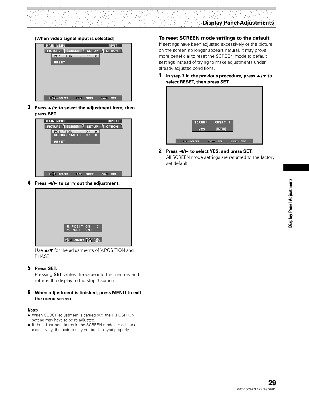 Pioneer PRO-1000HDI manual To reset Screen mode settings to the default, When video signal input is selected 