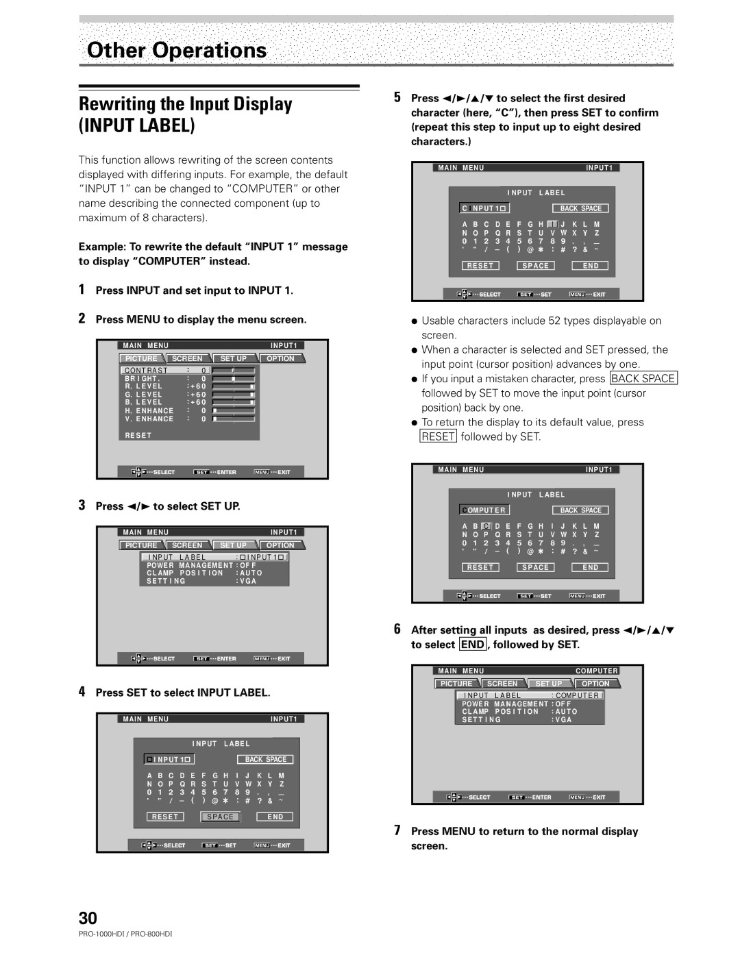 Pioneer PRO-1000HDI manual Other Operations, Rewriting the Input Display, Press SET to select Input Label 