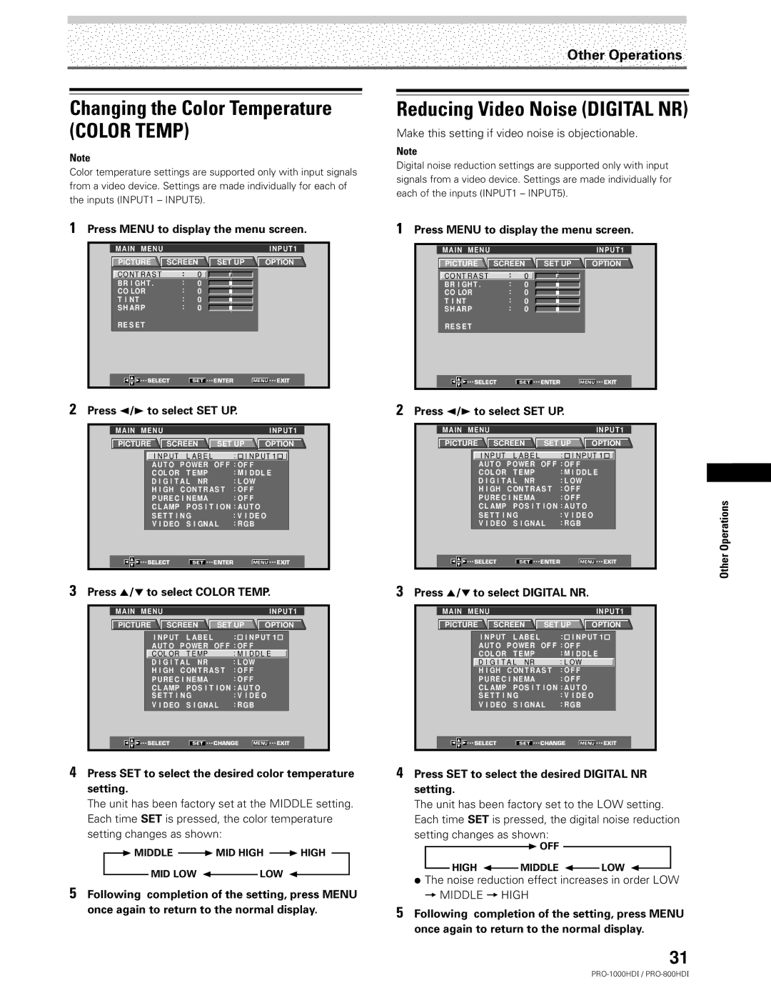 Pioneer PRO-1000HDI manual Changing the Color Temperature, Reducing Video Noise Digital NR, Other 