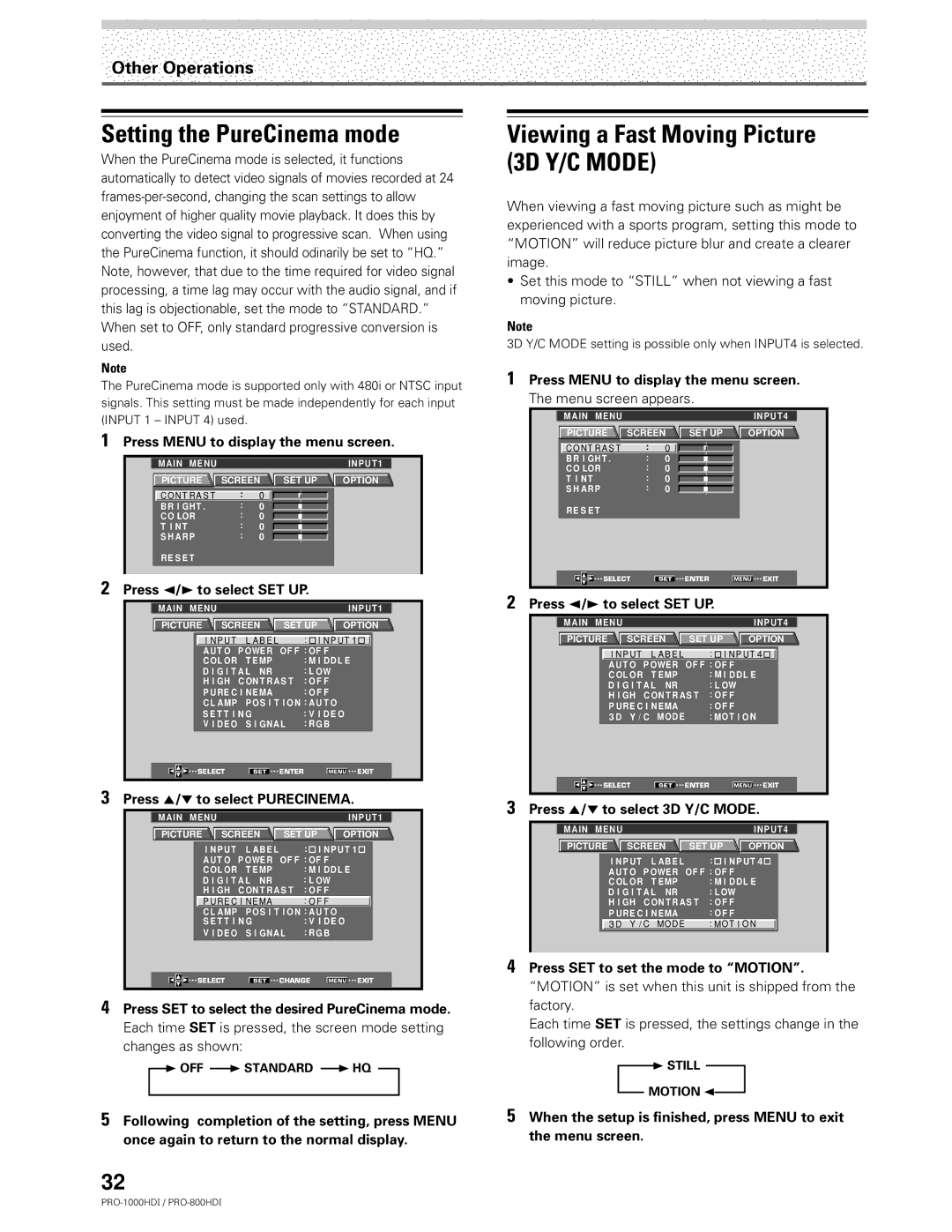 Pioneer PRO-1000HDI Setting the PureCinema mode, Viewing a Fast Moving Picture 3D Y/C Mode, Press 5/∞ to select Purecinema 