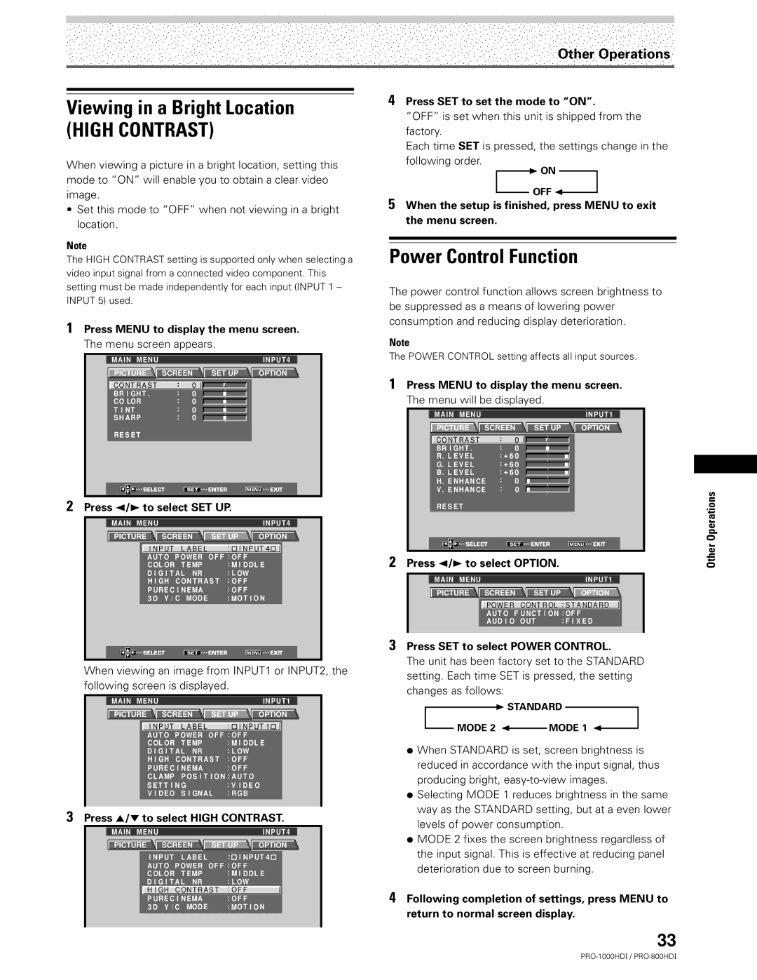 Pioneer PRO-1000HDI manual Viewing in a Bright Location, Power Control Function 