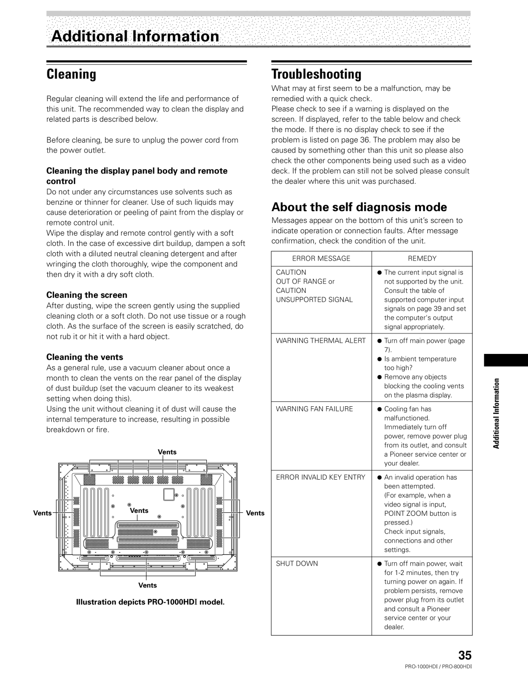 Pioneer PRO-1000HDI manual Additional Information, Cleaning, Troubleshooting, About the self diagnosis mode 