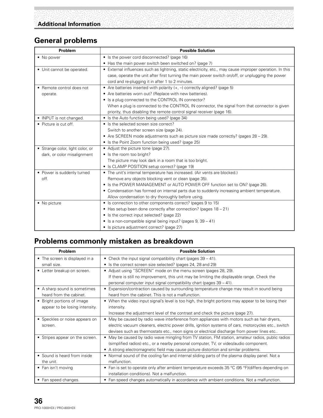 Pioneer PRO-1000HDI manual General problems, Problems commonly mistaken as breakdown, Problem Possible Solution 