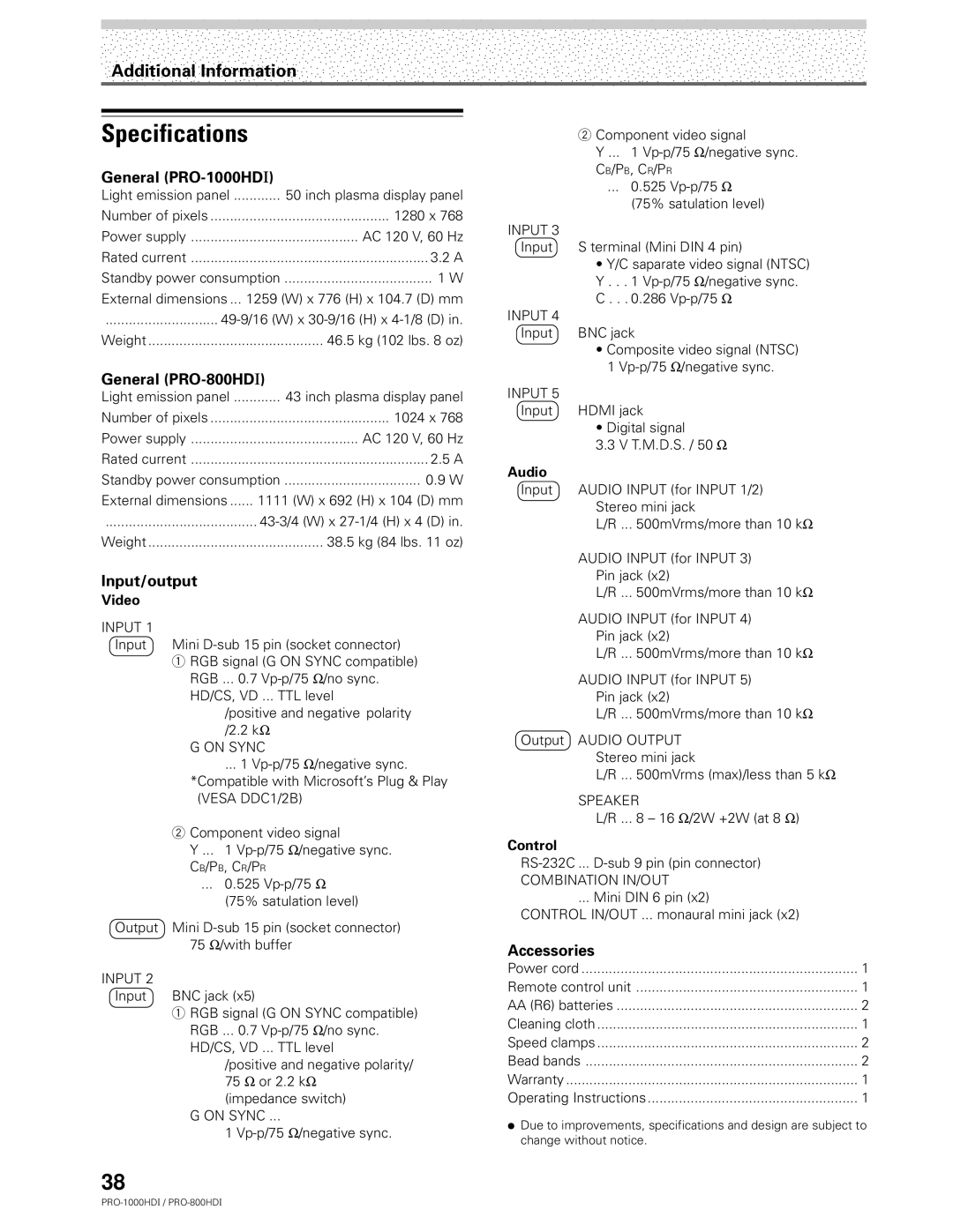 Pioneer manual Specifications, General PRO-1000HDI, General PRO-800HDI, Input/output, Accessories 