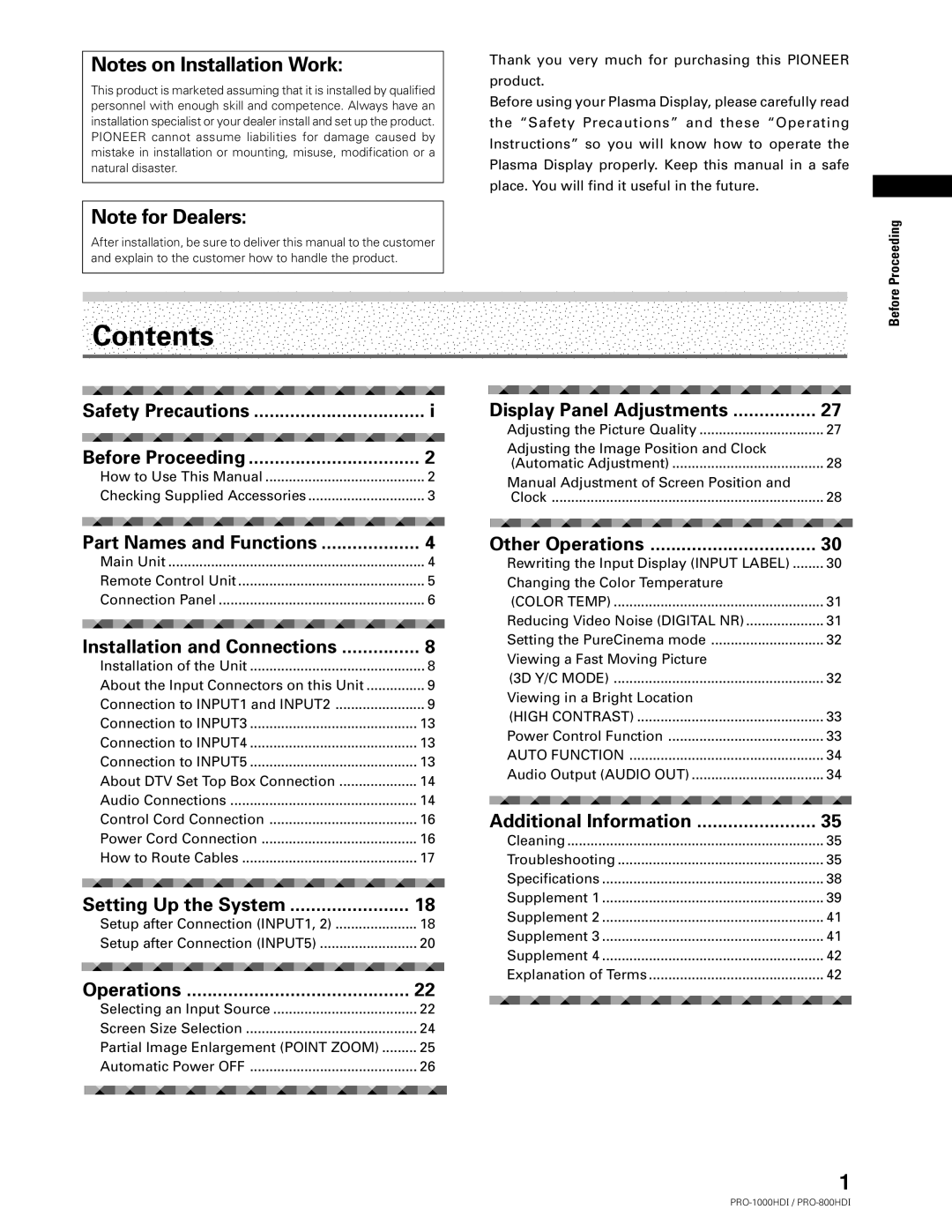 Pioneer PRO-1000HDI manual Contents 