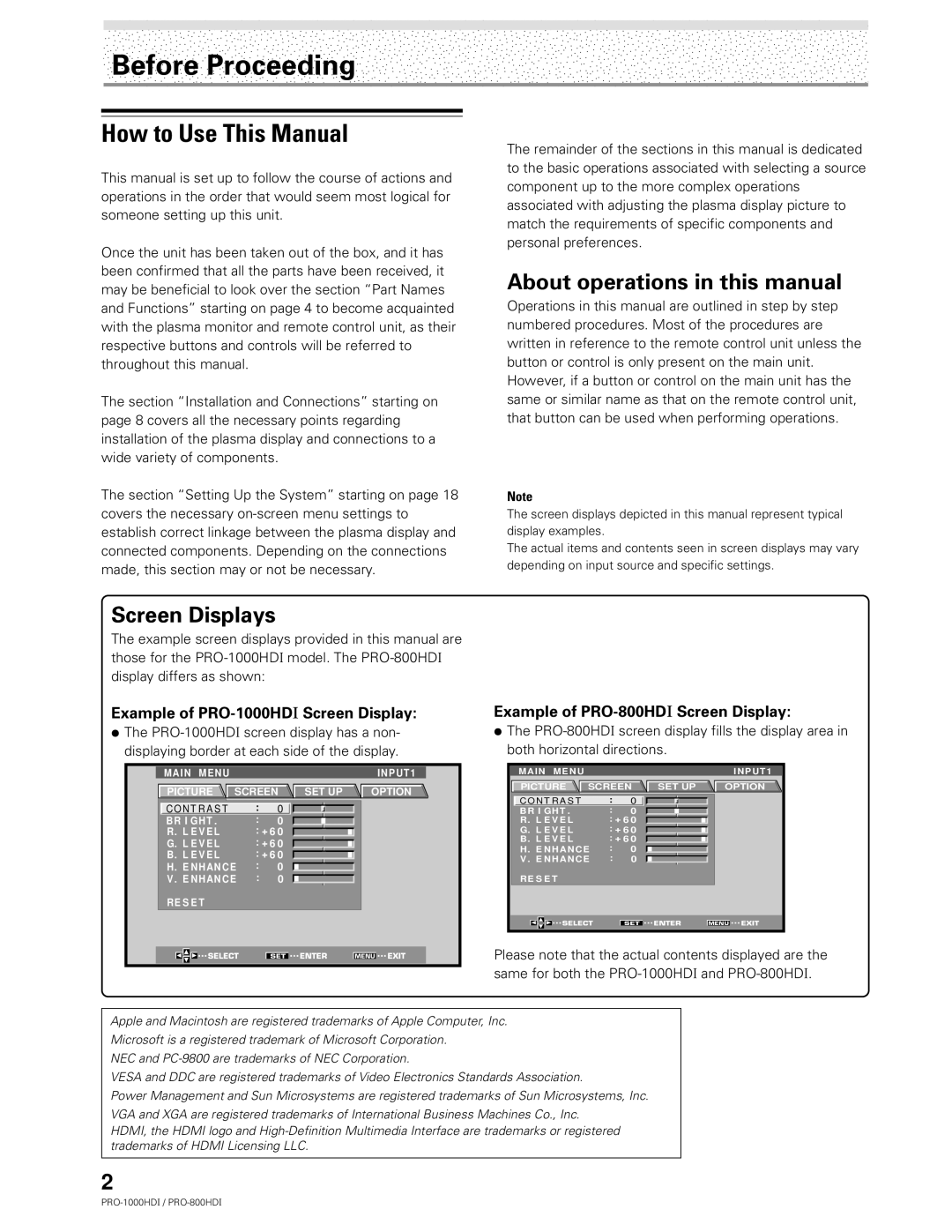 Pioneer PRO-1000HDI Before Proceeding, How to Use This Manual, About operations in this manual, Screen Displays 