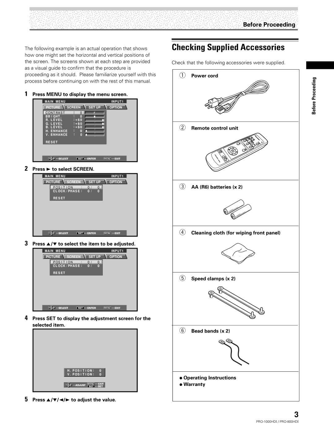 Pioneer PRO-1000HDI manual Remote control unit, AA R6 batteries x, Cleaning cloth for wiping front panel, Speed clamps x 
