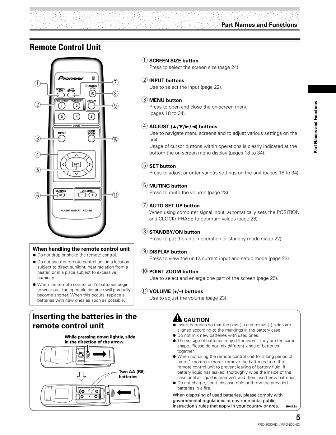 Pioneer PRO-1000HDI manual Remote Control Unit, Inserting the batteries Remote control unit 