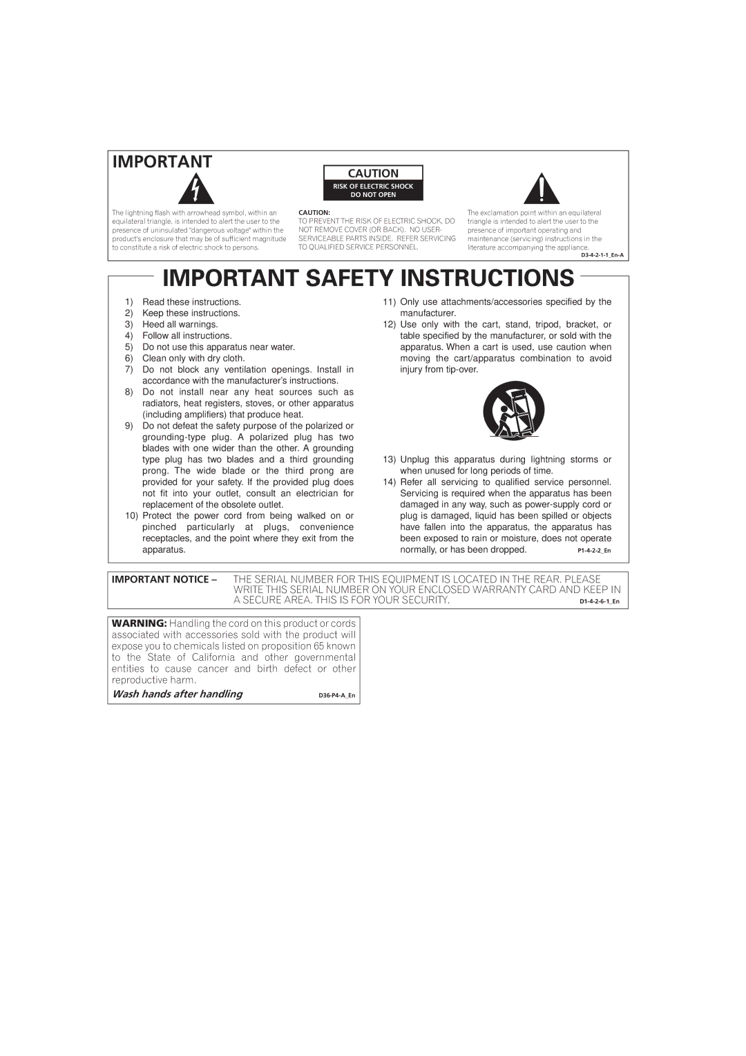 Pioneer PRO-101FD, PRO-141FD manual Wash hands after handling, Risk of Electric Shock Do not Open 