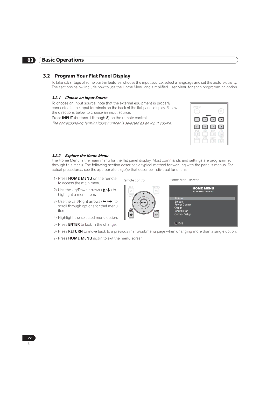 Pioneer PRO-101FD, PRO-141FD manual Program Your Flat Panel Display, Choose an Input Source, Explore the Home Menu 