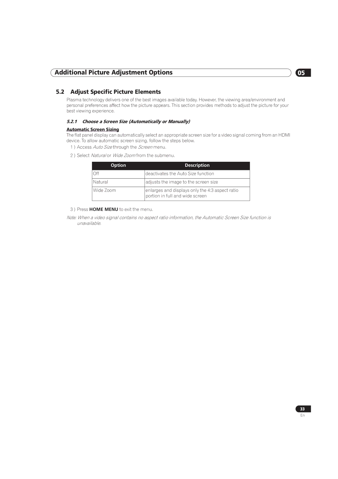 Pioneer PRO-141FD, PRO-101FD manual Adjust Specific Picture Elements, Choose a Screen Size Automatically or Manually 