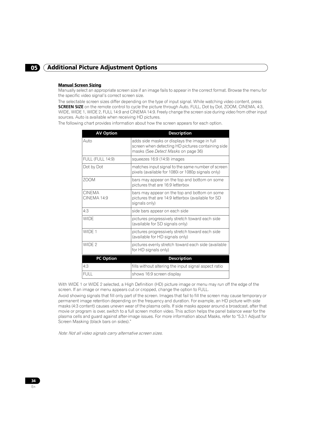 Pioneer PRO-101FD, PRO-141FD manual Manual Screen Sizing, AV Option Description, PC Option Description 