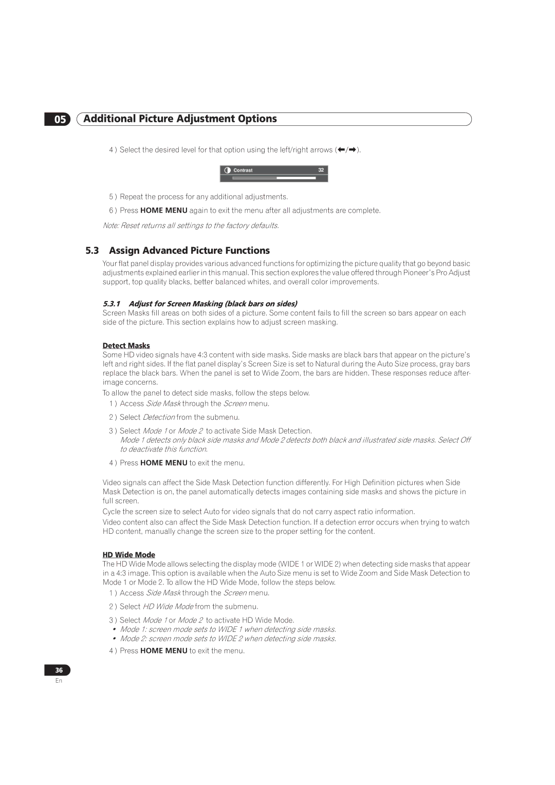 Pioneer PRO-101FD manual Assign Advanced Picture Functions, Adjust for Screen Masking black bars on sides, Detect Masks 