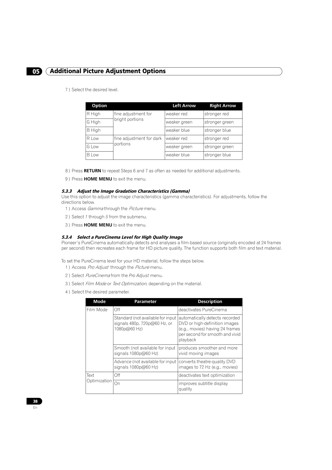 Pioneer PRO-101FD manual Adjust the Image Gradation Characteristics Gamma, Select a PureCinema Level for High Quality Image 