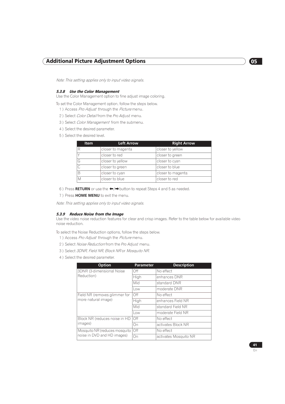 Pioneer PRO-141FD, PRO-101FD manual Use the Color Management, Left Arrow Right Arrow, Reduce Noise from the Image 