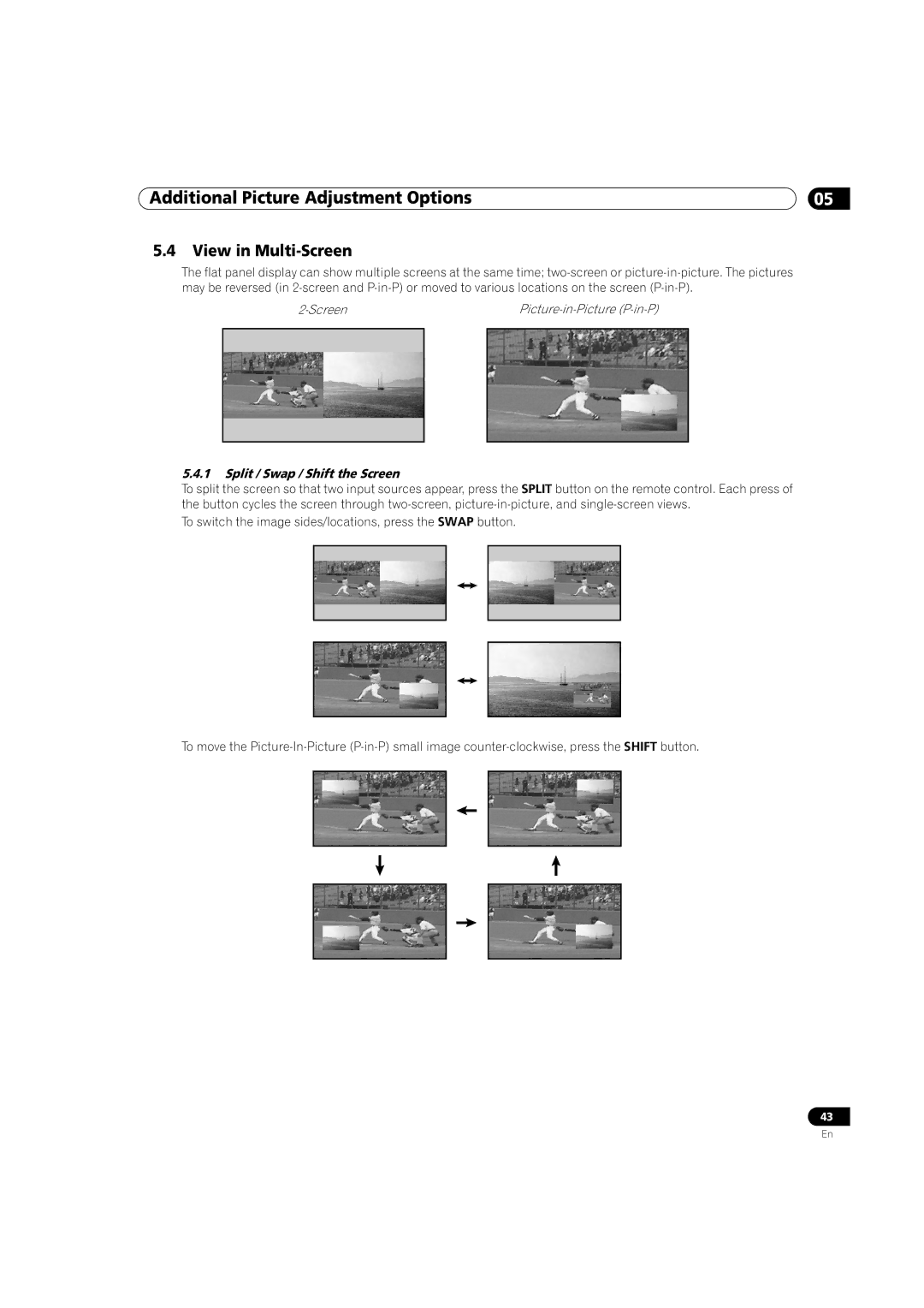 Pioneer PRO-141FD, PRO-101FD manual View in Multi-Screen, Screen Picture-in-Picture P-in-P, Split / Swap / Shift the Screen 