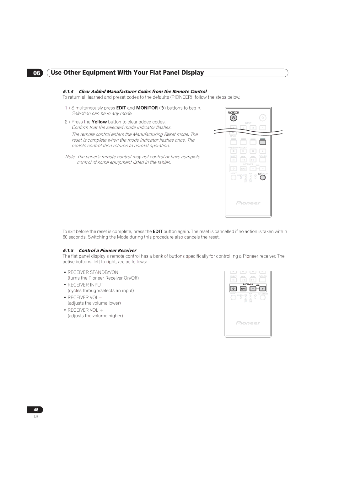 Pioneer PRO-101FD, PRO-141FD manual Clear Added Manufacturer Codes from the Remote Control, Selection can be in any mode 