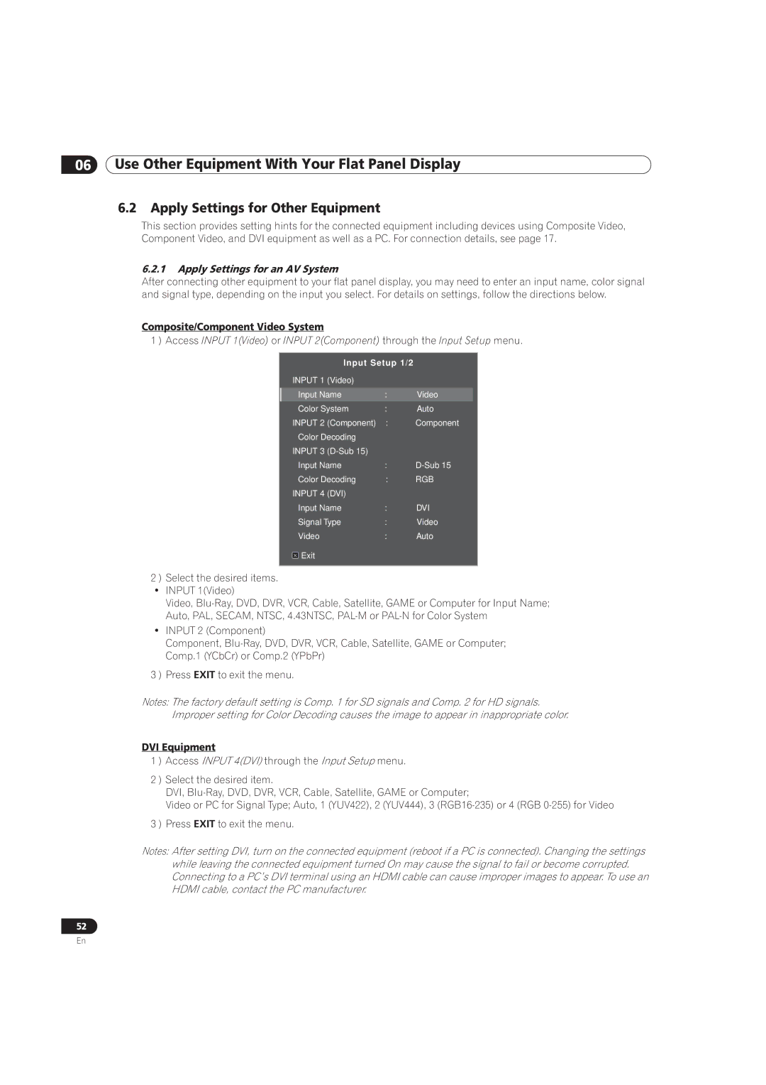 Pioneer PRO-101FD Apply Settings for Other Equipment, Apply Settings for an AV System, Composite/Component Video System 