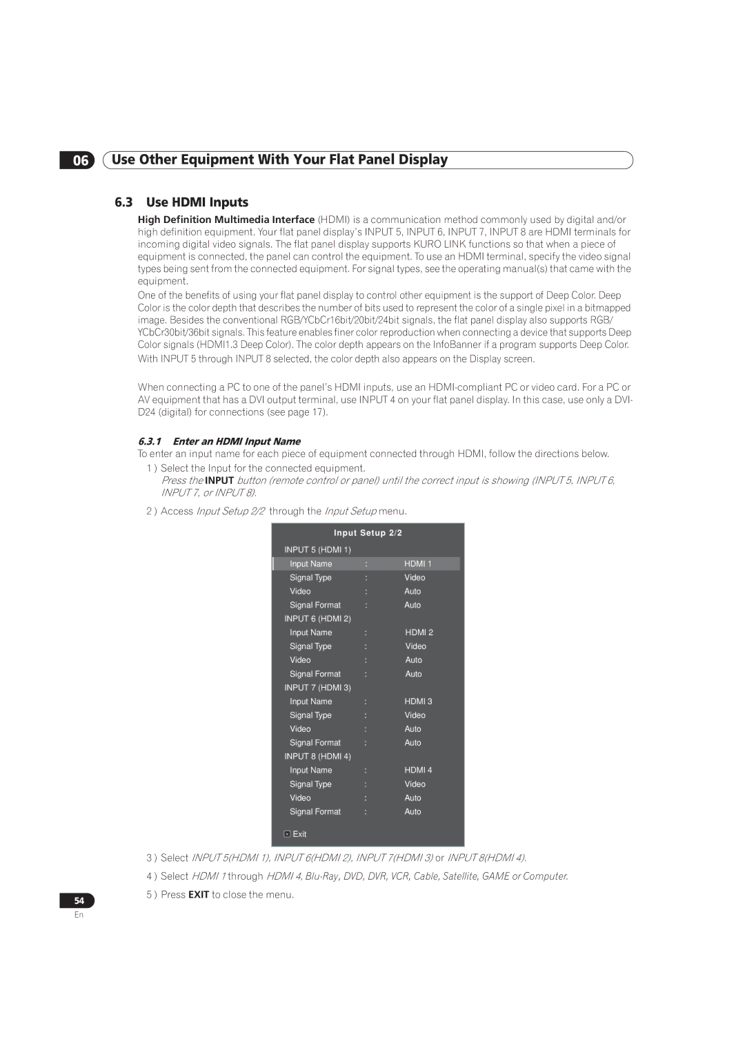 Pioneer PRO-101FD, PRO-141FD manual Use Hdmi Inputs, Enter an Hdmi Input Name 