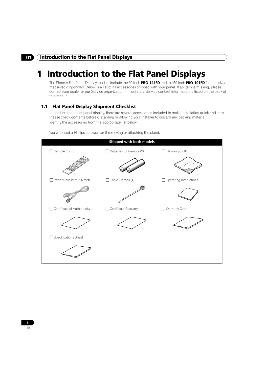 Pioneer PRO-101FD, PRO-141FD manual Flat Panel Display Shipment Checklist, Shipped with both models 