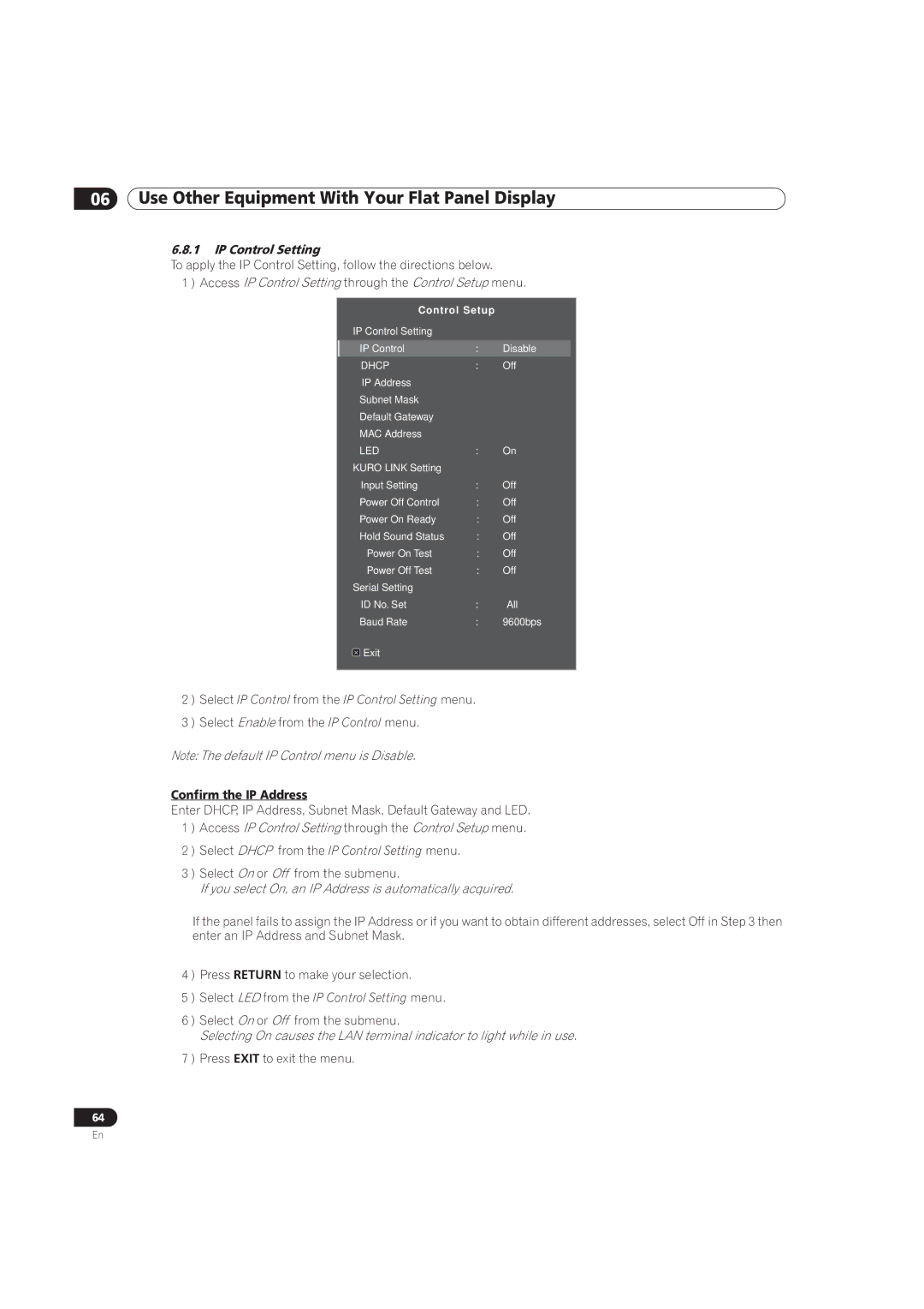 Pioneer PRO-101FD, PRO-141FD manual Access IP Control Setting through the Control Setup menu, Confirm the IP Address 