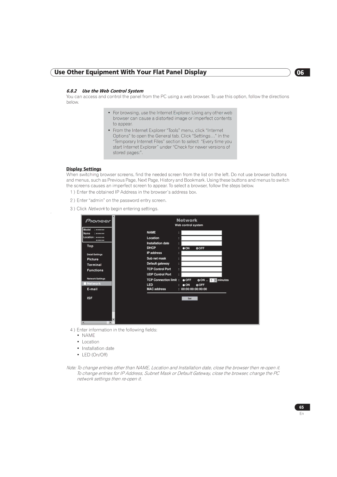 Pioneer PRO-141FD, PRO-101FD manual Use the Web Control System, Display Settings 