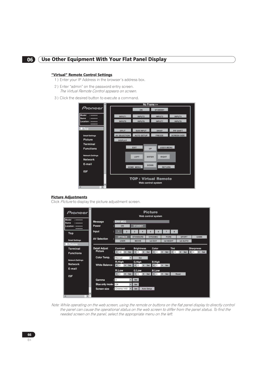 Pioneer PRO-101FD, PRO-141FD manual Virtual Remote Control Settings, Picture Adjustments 