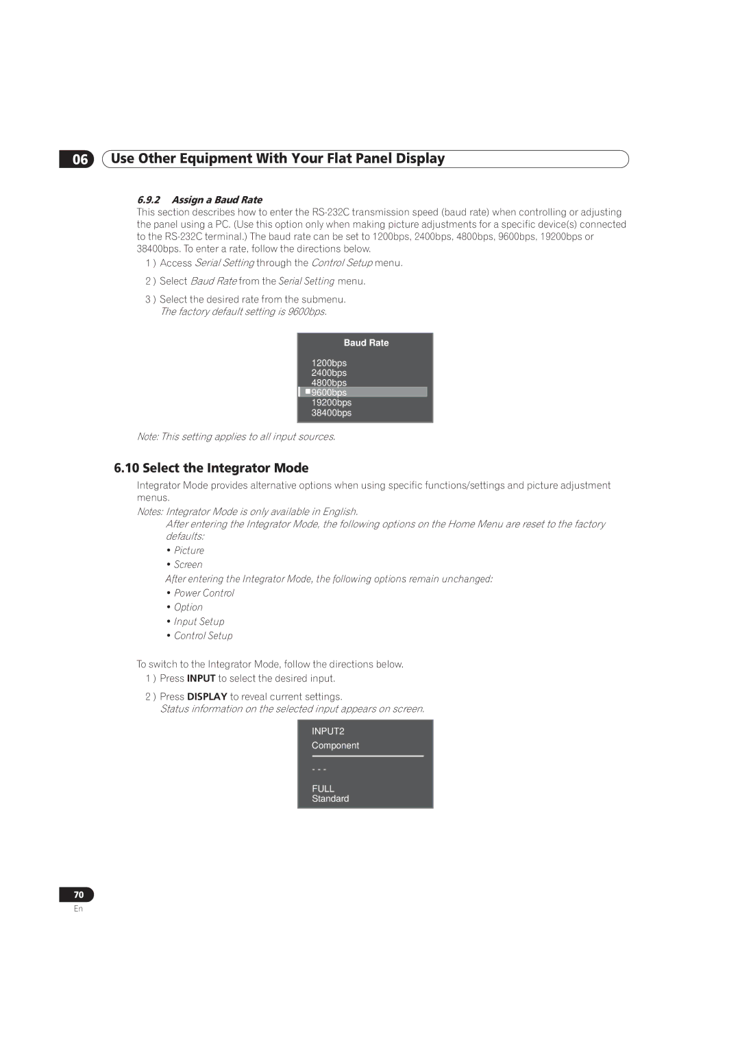 Pioneer PRO-101FD Select the Integrator Mode, Assign a Baud Rate, Access Serial Setting through the Control Setup menu 