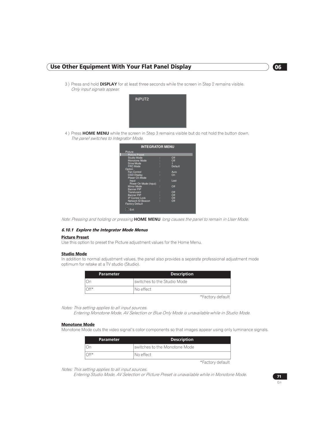 Pioneer PRO-141FD, PRO-101FD manual Explore the Integrator Mode Menus, Picture Preset, Studio Mode, Monotone Mode 