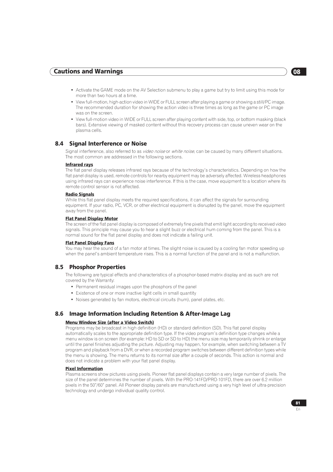 Pioneer PRO-141FD, PRO-101FD manual Signal Interference or Noise, Phosphor Properties 