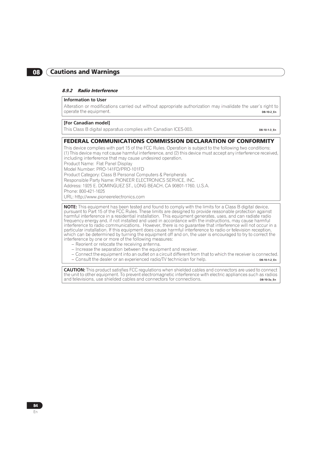 Pioneer PRO-101FD, PRO-141FD manual Radio Interference, Information to User, For Canadian model 