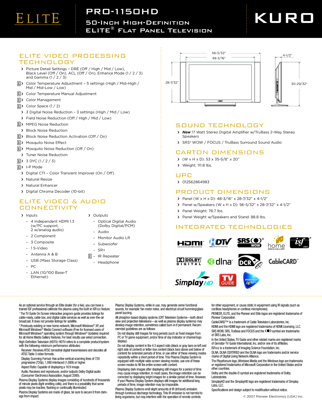 Pioneer PRO-1150HD manual Elite Video Processing, Elite Video & Audio, Upc, Integrated Technologies 