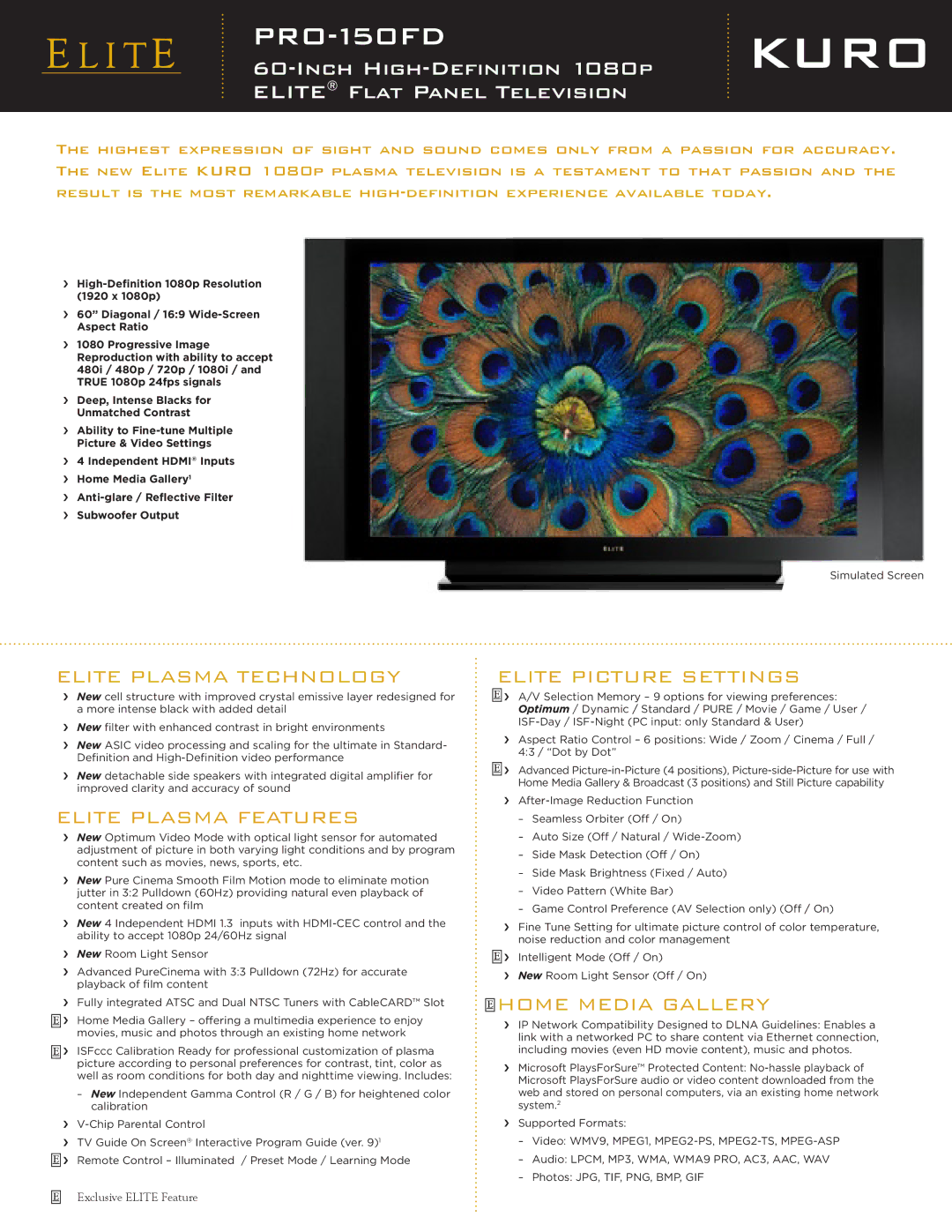 Pioneer PRO 150FD manual Elite Picture Settings, Elite Plasma Technology, Elite Plasma Features, Home Media Gallery 