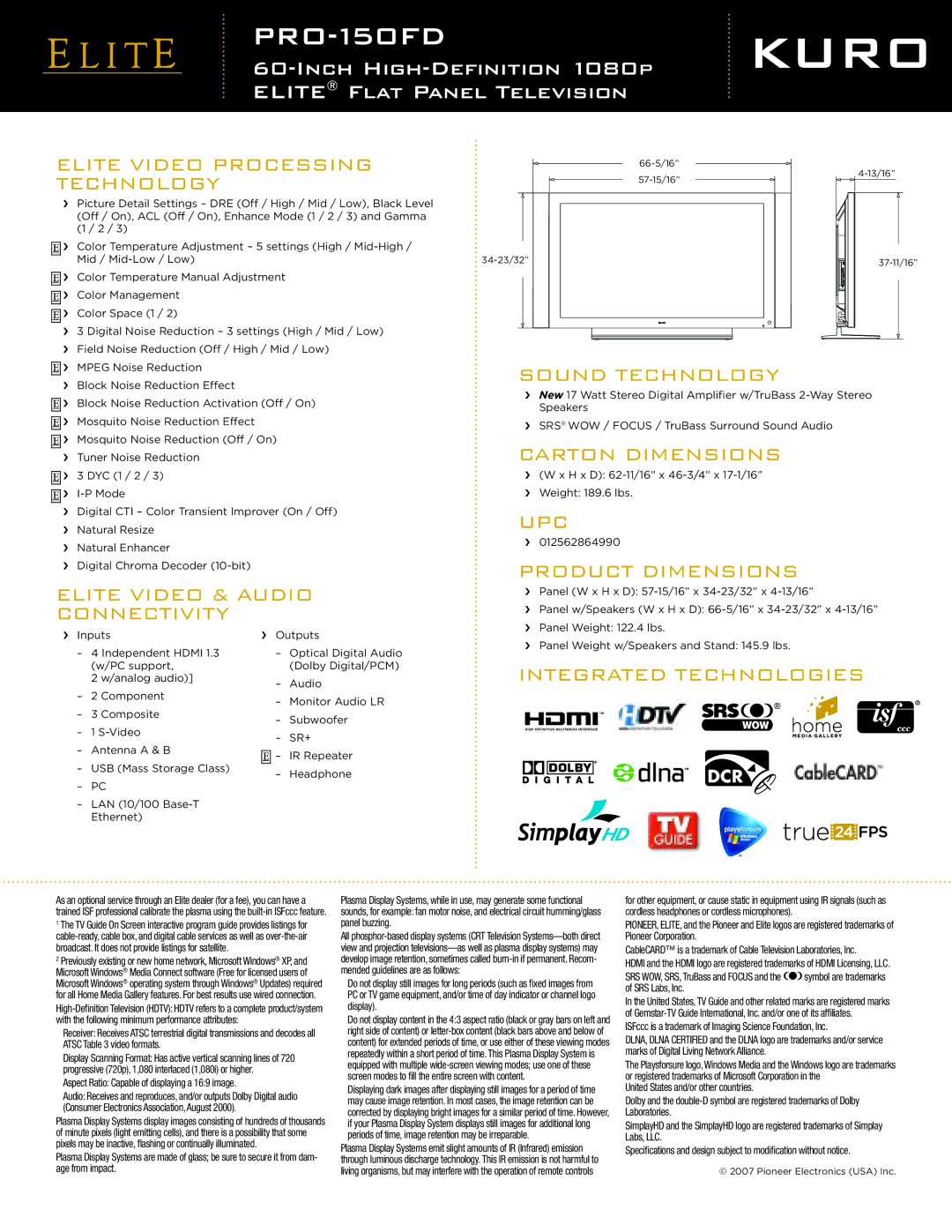 Pioneer PRO 150FD manual Elite Video Processing, Elite Video & Audio, Upc 